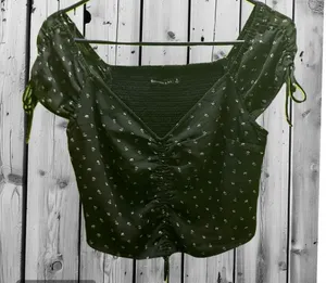 Abercrombie & Fitch Olive Green Ruched Tie-Sleeve Crop Top S thumbnail 1