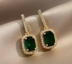 Women's CZ Diamond Green Gemstone Square Emerald Dangle Drop Earrings Gold thumbnail 1