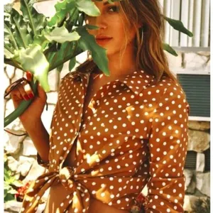 Revolve Le Rumi Size Small Carmel Brown Polka Dot Tie Front Button Down Crop Top thumbnail 1