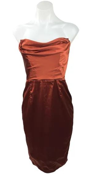 NEW Oh Polly Silk Satin Brown Strapless Cowl Cocktail Tube Mini Sheath Dress 8 thumbnail 1