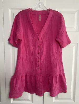Raisins Gauze Button Down Tunic Womens Size M Pink Beach Coverup Cotton Ruffle thumbnail 1