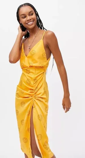 Urban Outfitters Golden Sun Print Deep V-Neck Sleeveless Ruched Slip Midi Dress thumbnail 1
