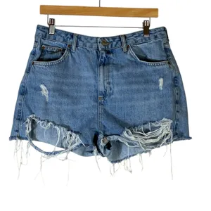 Topshop Mom Denim Shorts Light Wash Distressed Frayed Hem Jean Festival Size 6 thumbnail 2