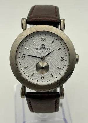 Vintage Structure Textured White Dial Brown Leather Strap Watch Working thumbnail 1