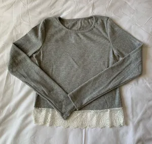 Grey Long Sleeve Crop Top With Lace Detail thumbnail 1