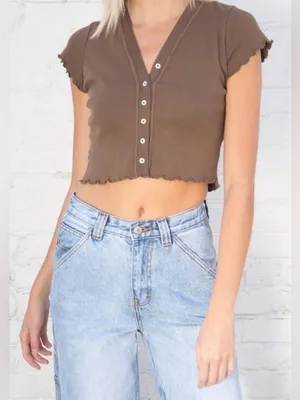 Brandy Melville Paige ruffle crop short sleeve shirt brown one size thumbnail 1