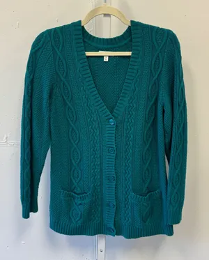 Y2K Croft & Barrow Women's Teal Green Cable Knit Button Front Cardigan Sweater M thumbnail 1