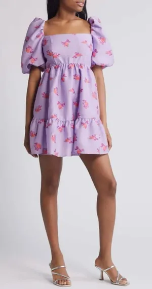 Chelsea28 Brocade‎ Puff Sleeve Babydoll Dress in Purple Lupine Floral Size XL thumbnail 1