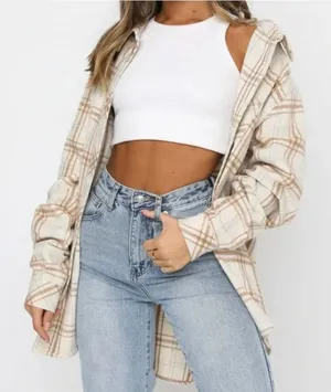 NWT White Fox I Think of You Plaid Flannel Shirt Size S/M Tan thumbnail 1