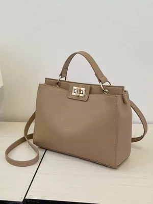 Twist lock Taupe tan Top-Handle Satchel Bag with crossbody faux leather thumbnail 2