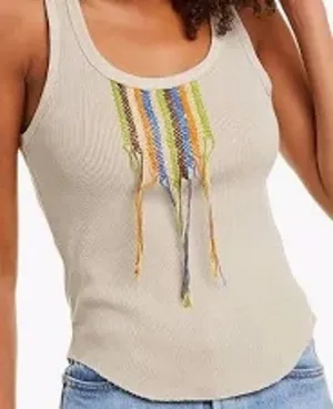 Free People L tank top Great Expectations ribbed knit embroidered cross stich thumbnail 1
