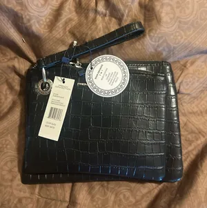 French Connection Black Croc-Embossed Slim double Wristlet with Ring Detail thumbnail 1