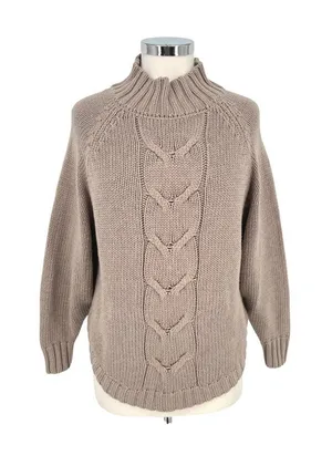 Nanette Lepore Cable Knit Mock Neck Sweater Beige Greige Coastal Cozy Size Small thumbnail 1