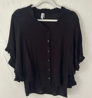 Black gauze lettuce trim button down flowy butterfly sleeve blouse thumbnail 1