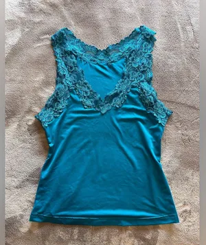 FREDERICK’S OF HOLLYWOOD Blue Silky Lace Trim Cami Tank Top Vintage Sz L EUC thumbnail 4