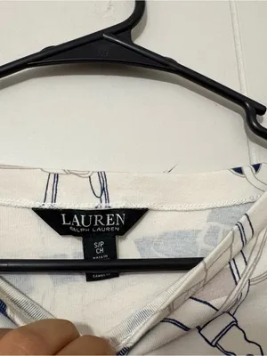 Lauren Ralph Lauren Belt Print Boatneck Top Navy Cream Equestrian Stretch Tee S thumbnail 6