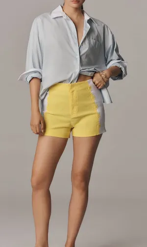 NWT Anthropologie Maeve Surf City Linen Blend Embellished Shorts in Lemon thumbnail 1