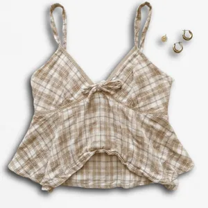 Kirious Los Angeles Plaid Peplum Cami Top Tan‎ Cream Smocked Back Size M thumbnail 1