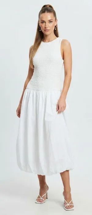 NWT Zara White Textured Poplin Bubble Hem Midi Dress Size M thumbnail 1