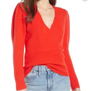 NWT Something Navy Red Alpaca Blend V-neck Puff Sleeve Sweater thumbnail 2