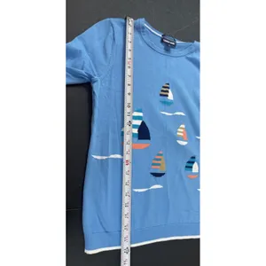 Lands End Supima Cotton Sweater Small Blue Sailboat Nautical Coastal Preppy thumbnail 6