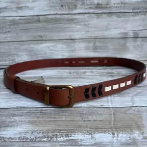 Fossil Leather Belt Size L 36.5" Brown Boho Chevron Whipstitch Western Festival thumbnail 2