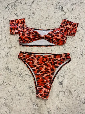 Red Cheetah Print Off Shoulder Swim Suit Set thumbnail 3
