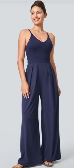 Halara | Navy Blue V Neck Double Strap Wide Leg Jumpsuit‎ with Pockets, Size XS thumbnail 1