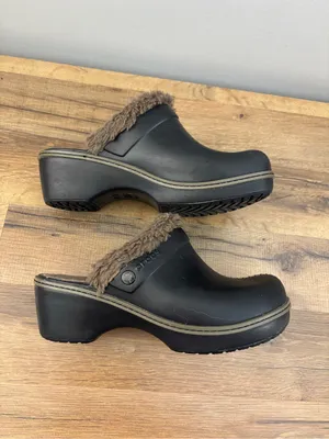 Crocs Eva Faux Fur Lined Wedge Clogs Mules Brown thumbnail 9