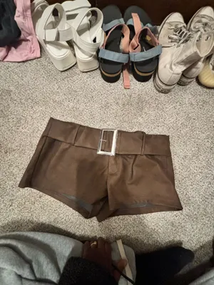 Brown leather shorts with belt thumbnail 2