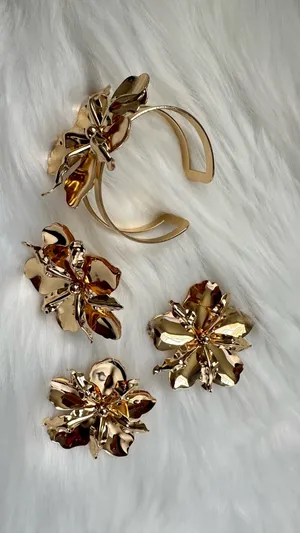 3-Piece Gold Flower Jewelry Set | Statement Earrings, Ring & Cuff Bracelet thumbnail 3