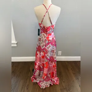 NWT Lulus Whirlwind Red Multi Scarf Print Satin Maxi Dress Size Small‎ thumbnail 3