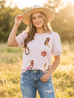 Mesh + Love Pink Sequin Western Puff Sleeve Top NWT Small thumbnail 3