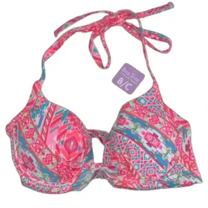 NWT 34B/C Coco Rave halter push-up bikini top hot pink orange ruched middle‎ thumbnail 1