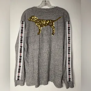 VICTORIAS SECRET PINK Shirt Rare Bling Big‎ Dog Campus Pocket Womens Size M Gray thumbnail 2