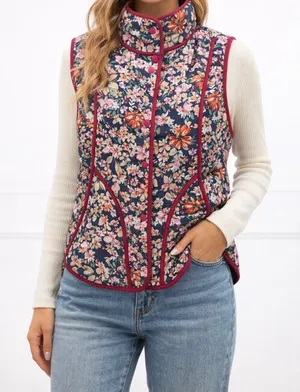 NWT Dokotoo Floral Quilted Puffer Vest Navy Burgundy Trim Snap Front‎ Sz XL thumbnail 1