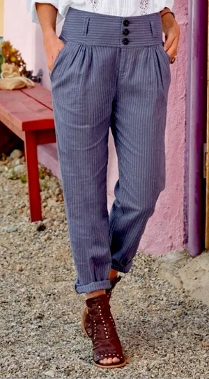 Sundance Womens Amelia linen Pant in Blue Stripe 12 $100 stripes fall casual thumbnail 1
