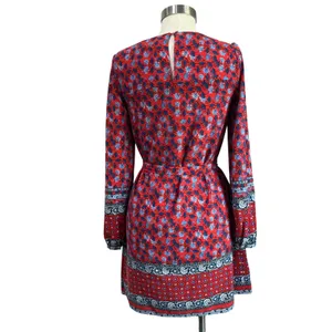 LOFT‎ Border Floral Red Long Sleeve Boho Tie Waist Dress Size XS thumbnail 2