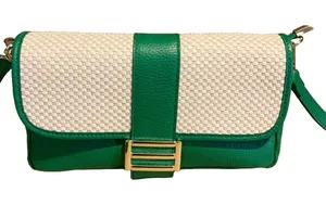 Divina Firenze Emerald Green Leather And Cream Rattan Crossbody Bag thumbnail 1