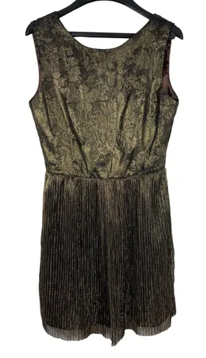 MM Couture By Miss Me Brown Gold Shimmer Lace Plunging Back A-line Dress S NWT thumbnail 1