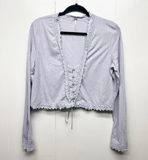 Free People Linen Blend Bohemian Cropped Lavender Women's Boxy Top Size Large thumbnail 3