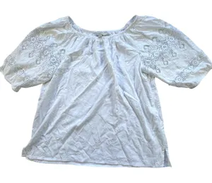 LOFT White Eyelet Crochet Lace Peasant Blouse Womens Small Scoop Neck Top Stars thumbnail 1
