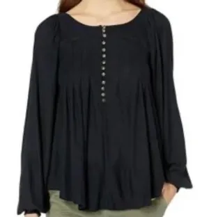 We The Free Free People Black Linen Blend Henley Babydoll Top Long Sleeve Medium thumbnail 1