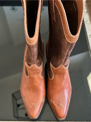 Two-Tone Brown Leather & Suede Western Heeled Boots thumbnail 3