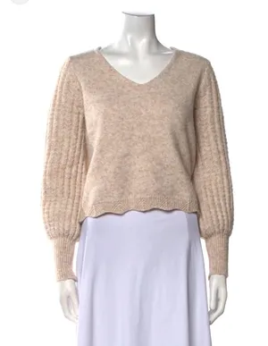 FRYE V-Neck Sweater Neutral Tan Beige Oatmeal Ribbed Knit Slouchy Balloon Sleeve thumbnail 1
