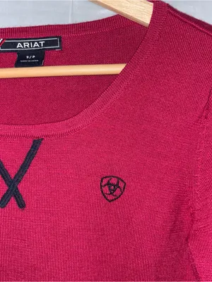 Ariat Sweater Women’s Small Pink Merino Wool Equestrian Elbow Patches V-Neck thumbnail 5
