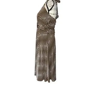 Sushi Flower Brown Polka Dot Halter Midi Dress Retro Pinup V-Neck Large USA thumbnail 4