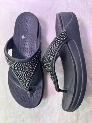 CROCS Women's Black Embellished Wedge Thong Sandals thumbnail 6