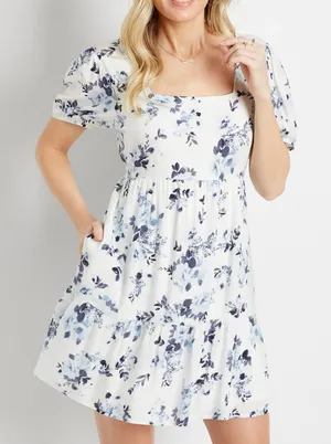 Maurices Floral Square Neck Babydoll Mini Dress White Blue Puff Sleeve thumbnail 1