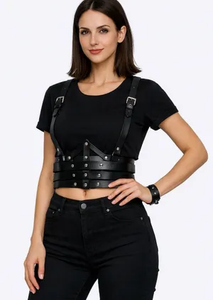 Black Faux Leather Corset Belt with Buckle Straps - Women thumbnail 1